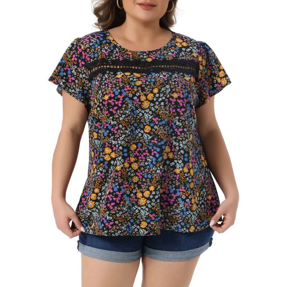 Women Plus Size Short Sleeve Summer Floral Blouse Top Black